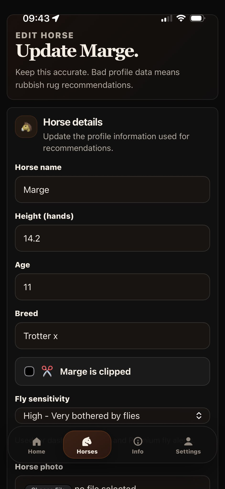 RugWeather horse profile editing screen